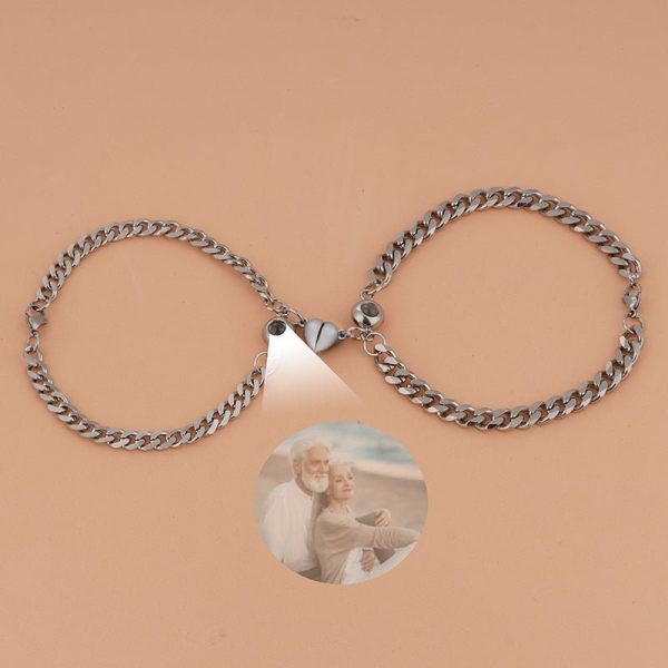 Custom Couple's Silver Magnetic Chain Hidden Photo Bracelet - Image 2