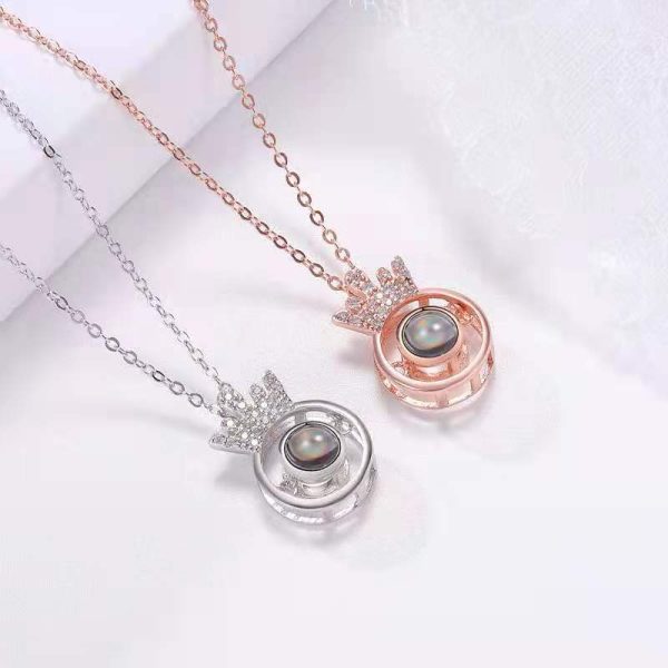 Custom Hidden Photo Projection Round Crown Diamond Necklace - Image 2