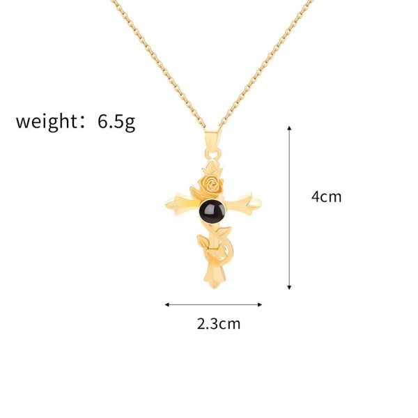 Custom Hidden Photo Projection Vintage Rose Cross Necklace - Image 2