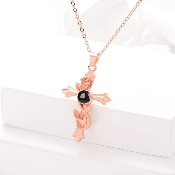 Custom Hidden Photo Projection Vintage Rose Cross Necklace - Image 7