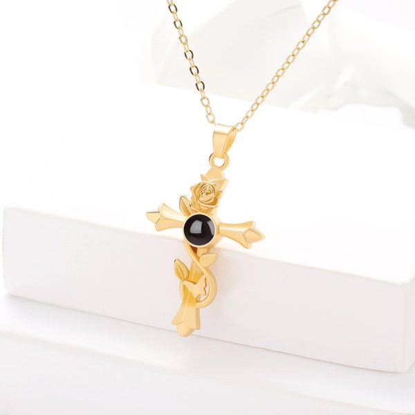 Custom Hidden Photo Projection Vintage Rose Cross Necklace - Image 3